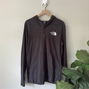 The North Face Hooded Henley Long Sleeve Tee Heathered Gray Kangaroo Pocket Logo